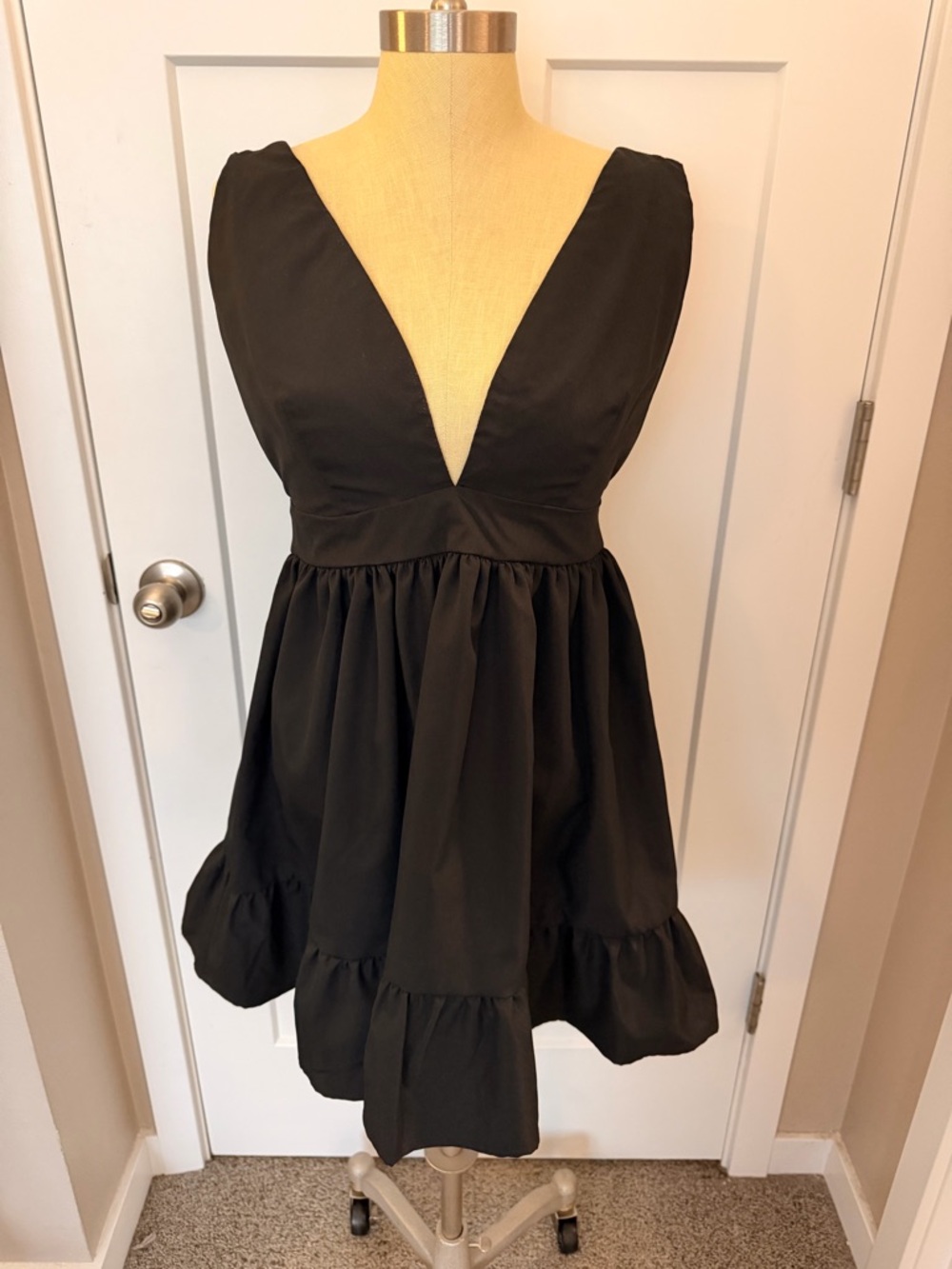 SHEIN Black Deep V-Neck Mini Dress with Ruffle Hem